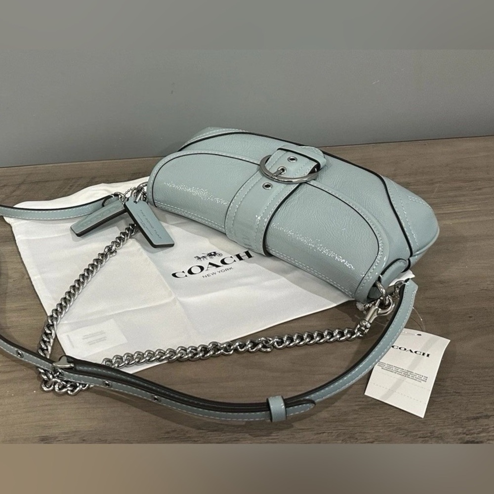 COACH CAN43 Soho Bag 25 Shoulder/Crossbody Crinkle Patent Leather Light Blue - Picture 9 of 14